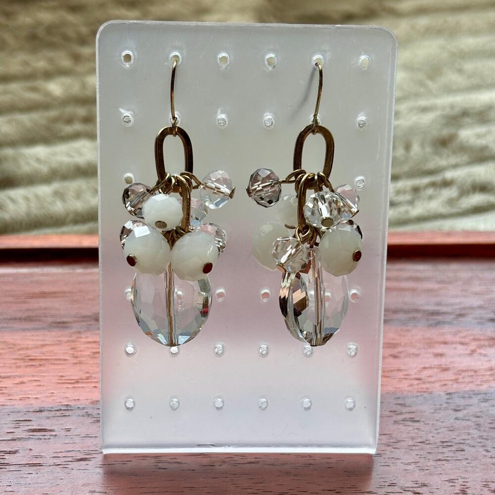 Clear Crystal & White Beaded Cluster Dangle Earrings Silver Tone Drop Earrings